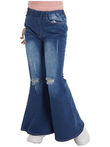 Flare Jeans for Girls Elastic Waistband Ripped Denim Bell Bottoms Long Pants3
