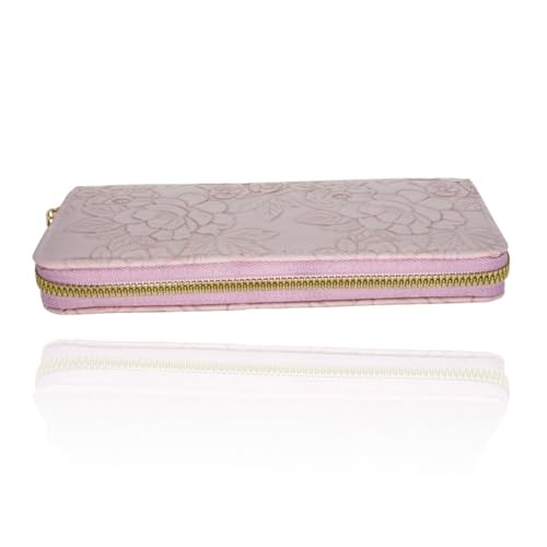 Ladies' floral embossed wallet, with zipper, detachable wristband, large-capacity phone case, compact clutch, 7.67 x 3.93 inches, light purple3