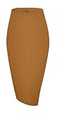 Urban CoCo Women's High Waist Stretch Ribbed Knit Pencil Skirt Midi Length with Side Slit Office Work Bodycon Style Camel