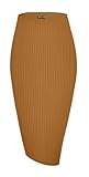 Urban CoCo Women's High Waist Stretch Ribbed Knit Pencil Skirt Midi Length with Side Slit Office Work Bodycon Style Camel