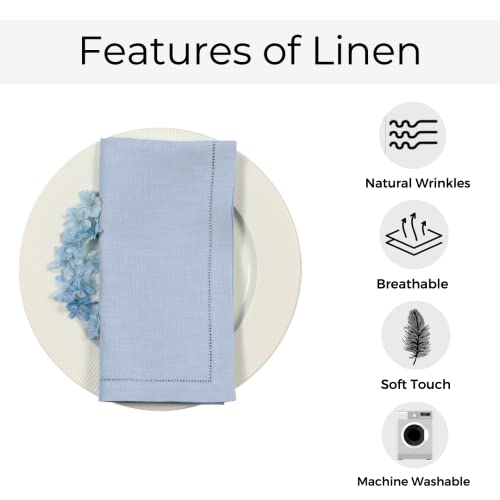 D'moksha Cloth Napkins 20X20 Inch Set Of 4 Powder Blue, 100% Pure Linen Hemstitched Dinner Napkins/Dining Table Napkin For 4Th July Summer, Wedding, Machine Washable #TOP6