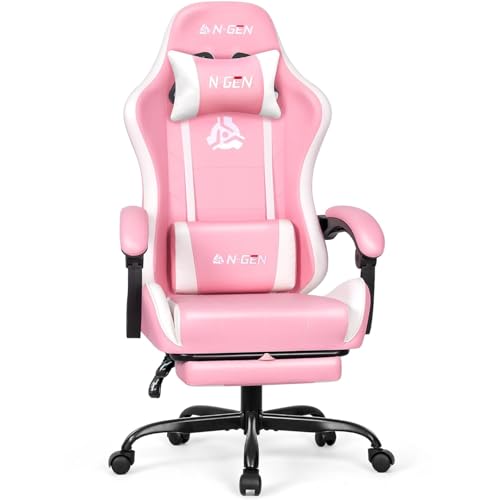 Image of N-GEN GAMING Gaming Chair with Footrest, Lumbar, High-Back, Pink White | Reclining Backrest, Linkage Armrests, Durable PU Leather, Adjustable Comfort for Extended Computer, Desk, or Home Office Use