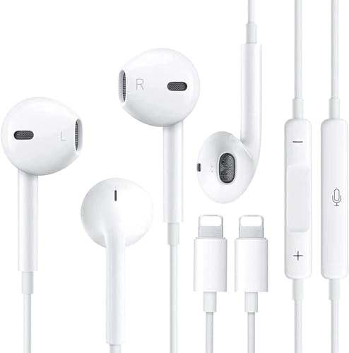 2 Auriculares in-ear para iPhone [certificado MFI] Auriculares con cable, auriculares con micrófono y control de volumen, conector de auriculares compatible con iPhone 14 Pro Max Plus/13/12/SE/11/XS