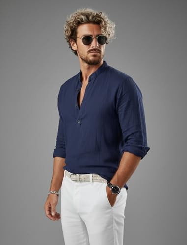 Image of Men's Cotton Blend Straight Kurta Shirt with Mandarin Collar - Slim Fit Casual Short Kurti Featuring Textured Slub Fabric and Roll-Up Full Sleeves
