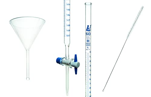 Eisco 3pc Lab Burette Starter Set - Includes 50mL Glass Burette with PTFE Stopcock, Plastic Funnel & Brush