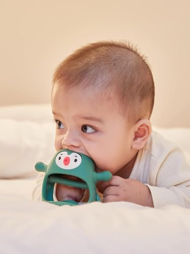 Image of Baby Teething Toy Silicone Teething Mitten for Babies Over 3 Months Anti Dropping Wrist Hand Teethers Baby Chew Toys for Sucking Needs, BPA Free Penguin & Reindeer (Forest Green + Orange)