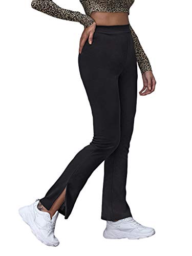 SheIn Women s High Elastic Waist Flare Wide Leg Pants Split Hem Casual Trousers Black Medium