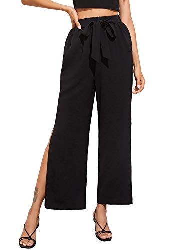 Romwe Women's Elegant Split Hem Belted High Waist Wide Leg Pants Trouser Black Medium