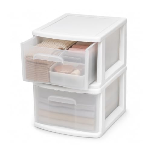 HOMZ 2-Pack 1-Drawer Storage Cart Clear Plastic Container 14.25 Wide Medium White Frame - Organizing Drawer Containers for Home Bathroom Bedroom Office and Classroom