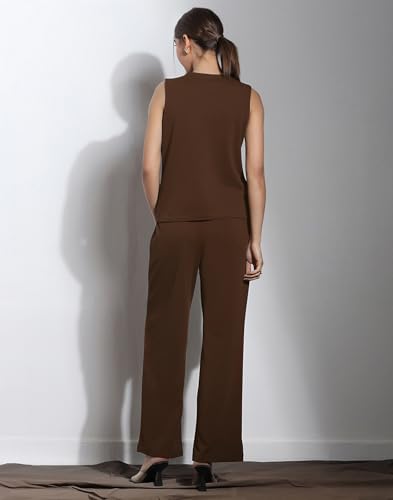 Image of Selvia Navy Blue Lycra Co-ord Set for Women, Button Detail Waist Top and Trouser Pant