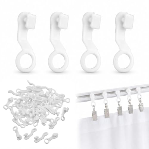 Livawnd 100Pcs White Curtain Gliders Hooks - Universal Plastic Track Clips Smooth Silent Sliding Tool-Free Installation for Home Office Drapery Rails & Curtain Systems