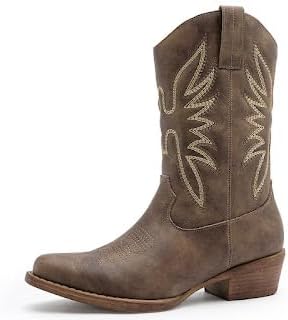 GLOBALWIN Women's Mid Calf The Western Cowgirl Boots Fashion Cowboy Boots For Women Chunky Low Heel