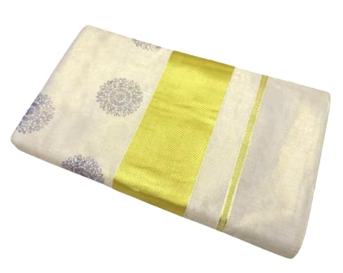 SouthLife® Kerala Tissue Golden Tissue Saree With Mandala Purple Block Print