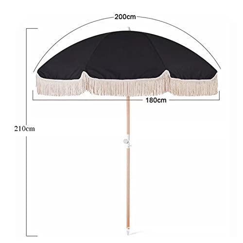 Wbh White/Black Polyester Sun Umbrella Outdoor Sunshade With Fringe Beach Wooden Pole Steerable 200Cm 78.7 Inch (Without Stand) (Color : Black) #TOP4
