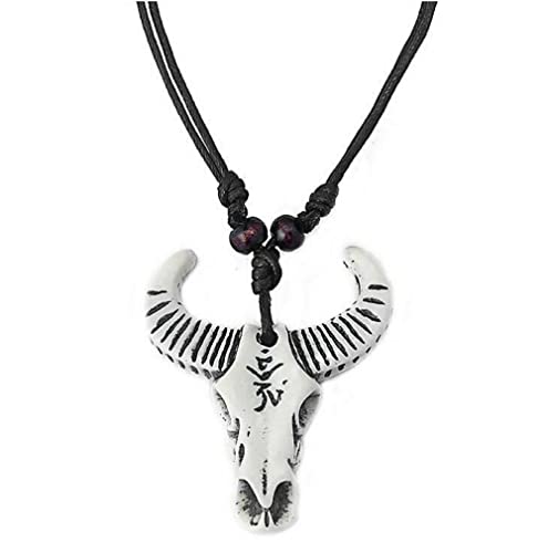 Stierkopf Halskette Anhänger aus Harz mit Schädel Stier Bulle Yak Knochen Schmuck Büffel Cowboy Skull Kette Weiß Braun verstellbar (Weiß) Cover
