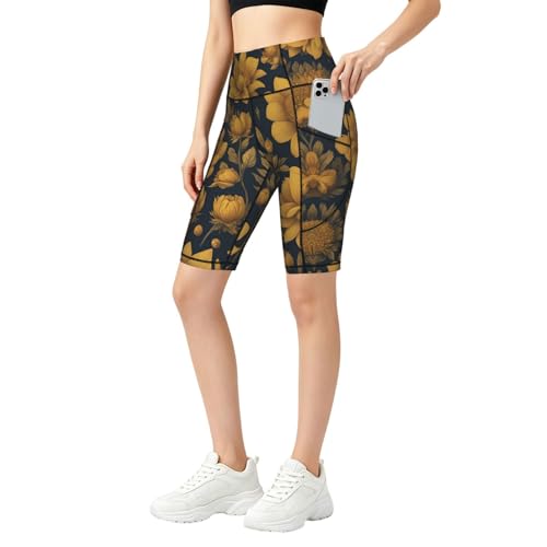 Short de sport femme taille haute mi-cuisse imprimé fleuri doré