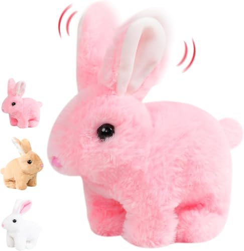 Image of SHINETOY Hopping Rabbit Interactive Electronic Pet Plush Bunny Toy with Sounds and Movements Animated Walking Wiggle Ears Twitch Nose Gift for Toddlers Birthday, Pink, 7''