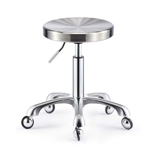Febuoius Heavy Duty Adjustable Height Stainless Steel Structure Work Shop Stool Round Cushion, Salon Rolling Stool Swivel Chair With Not Entangling Hair Wheels,Load-Bearing 440 Ibs Silver