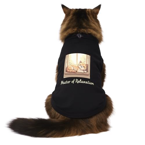 Image of Thunder Tails Printed Cat T-Shirt for Small to Large Cats & Kittens | Lightweight Breathable Cotton Pet Apparel | Cute & Stylish, Comfortable Round Neck Cat Clothes (M, Black)