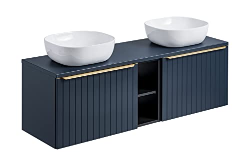 Meuble de lavabo double avec comptoir Santa FE Deep Blue, Meuble de lavabo avec étagère, Meuble de lavabo suspendu Bleu marine (avec étagère)