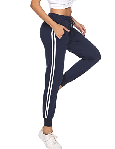 Kvswiu Womens 100% Cotton Jogger Pants Striped Drawstring Lounge Sweatpants With Pockets Blue #TOP4