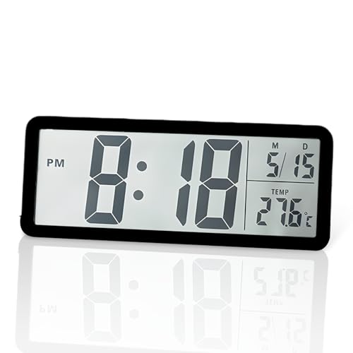 Battery Operated Digital Wall Clock Large LCD Display with Time/Date/Temperature 12/24 Hour Format Silent Electronic Desk Clock for Bedroom Living Room Office Kitchen School Garage Black