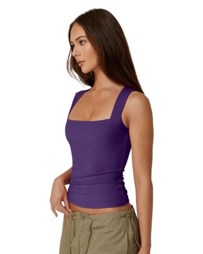 Image of QINSEN Women's Square Neck Sleeveless Double-Layer Tank Tops Basic Tight T Shirts