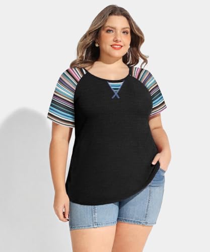 Image of CARCOS Plus Size Tops for Women Short Sleeve Shirt Summer Star /Leopard /Tie Dye /Flower Crewneck Pullover Tunic XL-5XL