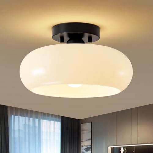 WOKNOS Mid-Century Modern Semi Flush Mount Ceiling Light, Metal Kitchen Light Fixture with Glass Shade,Vintage White and Black Colse to Ceiling Lamp for Entryway Hallway Bathroom (11.0 Inch)