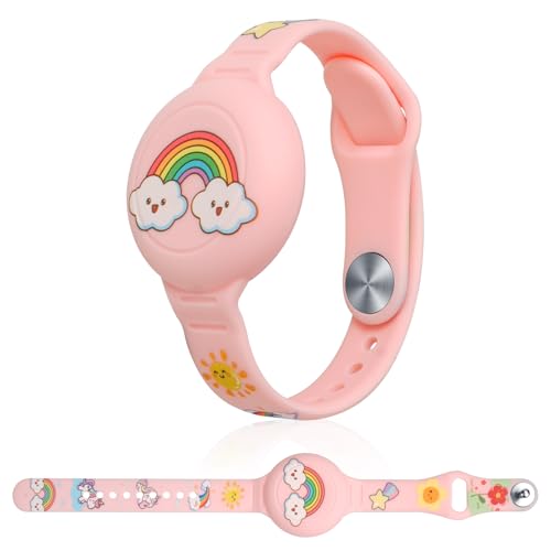 AXFEE Bracciale in Morbido Silicone per Bambini, Compatibile con Apple Airtag, Protettiva GPS Bambini Anti-Perso, Localizzatore di Monitoraggio Regolabile(Arcobaleno Rosa)