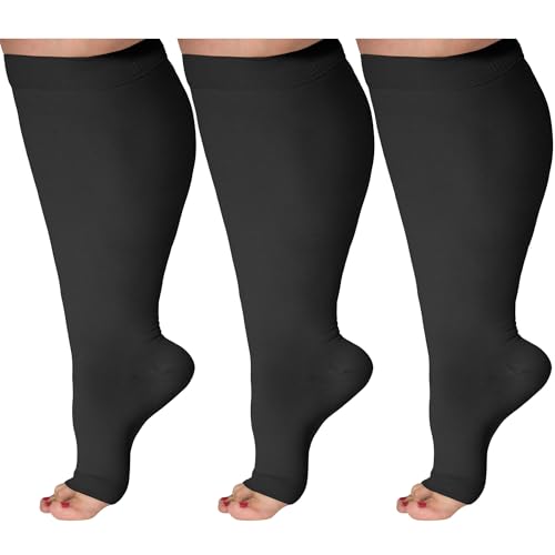 Image of (3 Pairs) Open Toe Plus Size Compression Socks for Women and Men 15-20mmHg - Toeless Wide Calf Support Stockings - A515