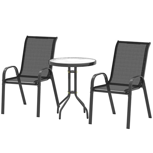 Outsunny Set da Bistro 3 Pezzi con 2 Sedie da Giardino Traspiranti Impilabili e Tavolino Rotondo, Set Tavolo e Sedie da Giardino in Acciaio e Vetro, Set da Giardino per Patio, Cortile, Nero