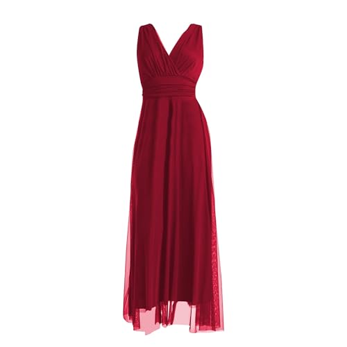 VALORIALUXE Abito Lungo da Cerimonia Donna in Tulle Elasticizzato con Scollo a V – Made in Italy (IT, Testo, S, Regular, Regular, Rosso Profondo)