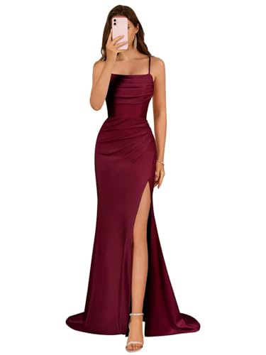 Image of Satin Bridesmaid Dresses for Women 2025 Burgundy Spaghetti Straps Mermaid Formal Prom Dress with Slit Size 0