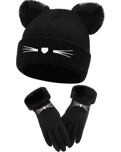 Geyoga Cat Ears Beanie and Glove Set for Women Girl Cute Warm Crochet Hat Knitted Winter Slouchy Hat and Glove Gifts for Ladies Christmas Birthday Party Cold Weather(Black,Classic Style)