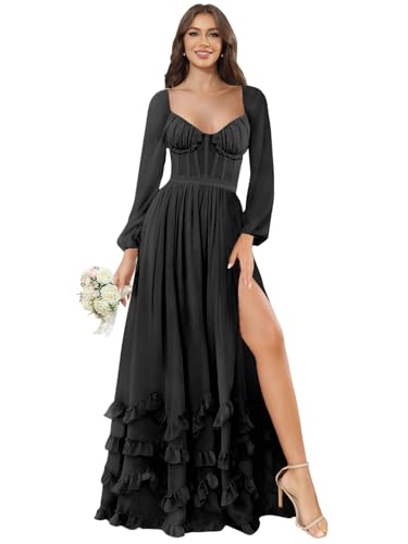 SOLODISH Long Sleeve Bridesmaid Dresses with Slit Ruffle Formal Evening Dresses for Women