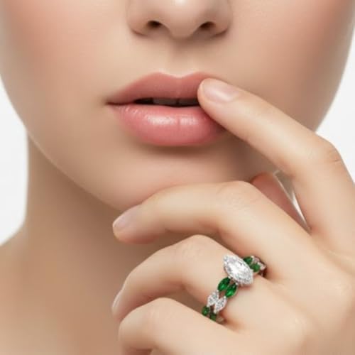 Image of 55Carat Choose Your Gemstone Single Prong Marquise Diamond CZ Ring and Band Sterling Silver Marquise Shape Wedding Ring Sets Matching Jewelry Wedding Jewelry Easy to Wear Gifts US Size 4 to 12