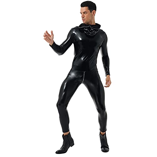 Men's Shiny Full Body Cover Bodysuit Zipper Pouch Lingerie Tight Gay Jumpsuit with Hood