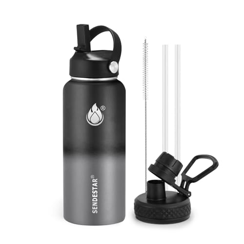 Image of Insulated Water Bottle 32 oz with Straw, Stainless Steel Wide Mouth Water Bottle, Double Wall Vacuum Leak Proof with Straw Lid & Spout Lid for Sports or Office, Keep Cold or Hot Up to 24 Hrs