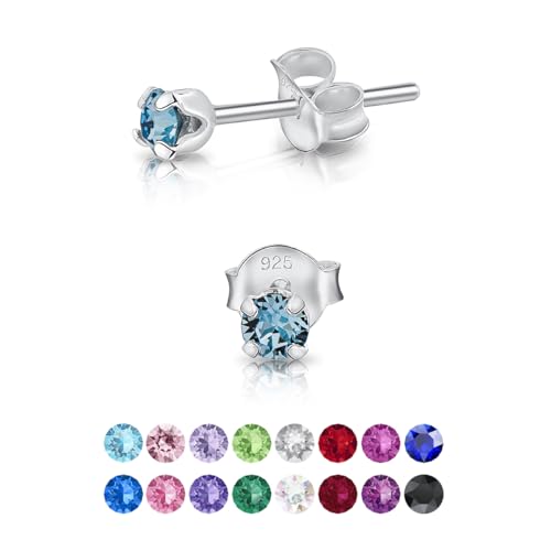 Pendientes de Botón Plata Ley 925 on Cristales Brillantes Aguamarina - Pendientes Pequeños Plata 925 para Mujer - Punto de Luz Hipoalergénicos sin Niquel - Diámetro 3 mm