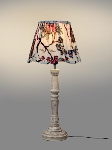 Image of Green Girgit Wooden Distress White Empire Lamp with Pleeted Multicolor Red Floral Lotus Shape Lamp Shade