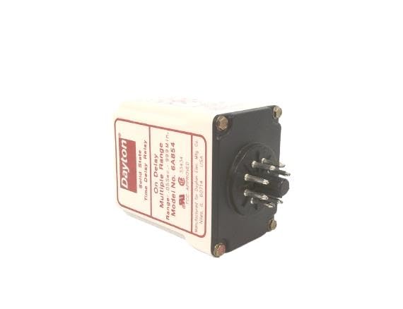 DAYTON 6A854 0.05 SEC-999 HR RANGE, 1/3 HP, 10 AMP, 120 V AC/DC, 120/240 VAC, 3 VA POWER CONSUMPTION, 50/60 HZ, 8-PIN OCTAL, DPDT CONTACT FORM, SILVER NICKEL CONTACT, SINGLE FUNCTION, SOCKET MOUNT, SO
