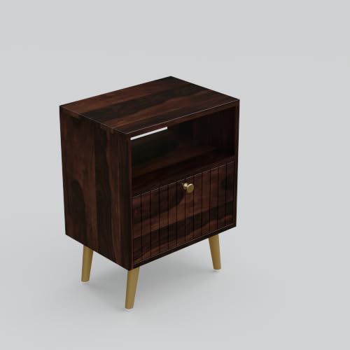 Image of Solid Sheesham Wood Bedside Table with Storage Cabinet & Open Shelf | Wooden Nightstand with Fluted Door, Gold Finish Metal Legs & Brass Knob (Walnut Finish)