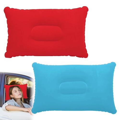 Cncedi 34 * 22cm Blow Up Pillows, 2Pcs Inflatable Pillows for Camping Beach, Ultralight Compact Cushion, Compressible Pillow for Travel Sunbathing Sun Lounger Airplane Outdoor (Rose Red & Sky Blue)