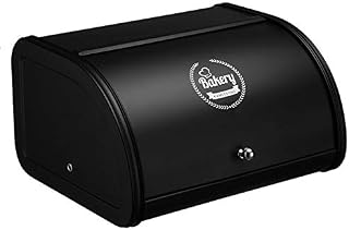 HollyHOME Bread Boxes with Stainless Steel Body Metal Home Storage Bin For Kitchen Counter Extra Large Bread Bin with Roll Up Easy Storage Bread Box Holder Lid, Black