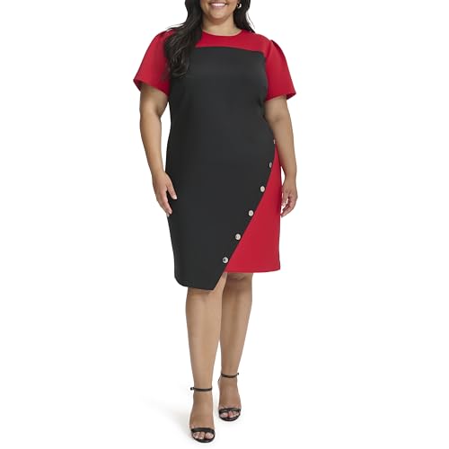 Image of Tommy Hilfiger Women's Short Sleeve Jewel Neck Colorblock Studded Asymmetrical Hem Crepe Mini Dress