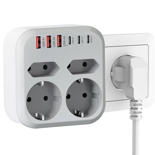 Ladrón en 1 con 6 USB, 2 Schuko y 2 Enchufe EU, Enchufe Multiple Pared 3500W, Plano USB C para Móvil, Familia, Oficina, Cocina, Gris Blanco