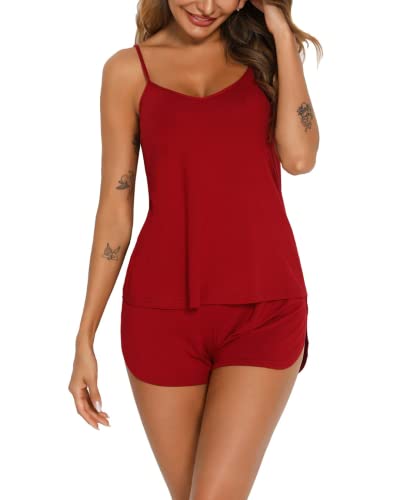 Maria Eugenia Sexy Pajama Set For Women Rayon Sleepwear Lingerie Cute 2 Piece Sleeveless Pj Set With Shorts Burgundy #TOP4