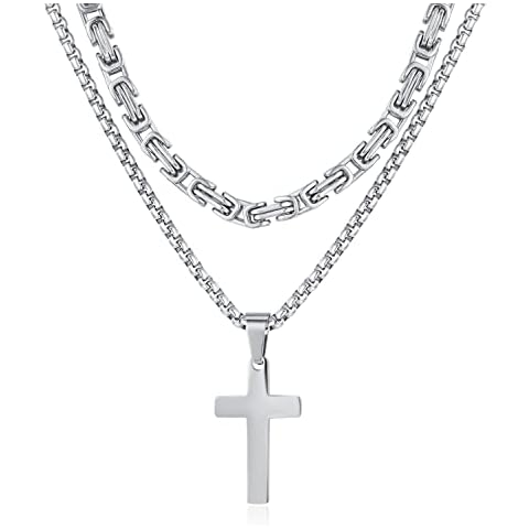XIRUVE 16-24 Inches Length, Stainless Steel Byzantine Chain Simple Cross Pendant Layered Necklace for Men Cover
