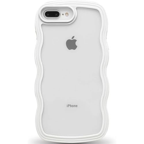 Image of GoldKart iPhone 7 Plus / 8 Plus Case Wavy Edge Clear Back Design, Anti-Slip Grip Cute Wave Curly Frame Shape Shockproof Soft TPU & Hard PC Bumper Protective Phone Case Cover for Women Girls - White